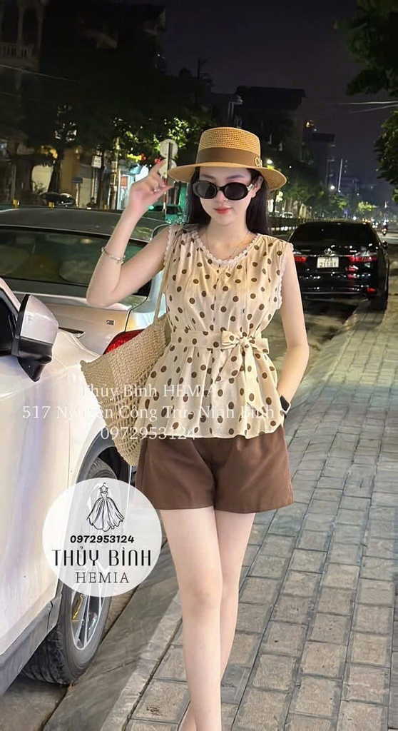 SET ÁO CHẤM BI PHỐI REN KÈM ĐAI THẮT ĐIỆU ĐÀ NỮ SẴN (SALE 139k)