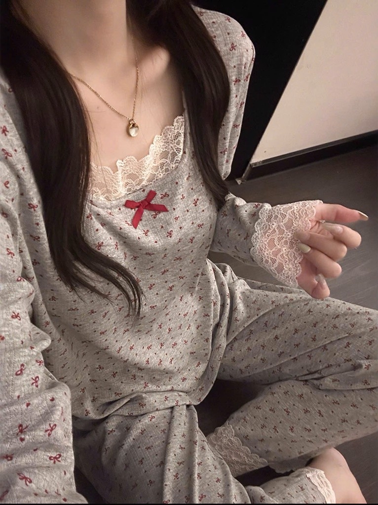 SET BỘ DÀI NGỦ TĂM HOA XÁM NỮ THU ĐÔNG