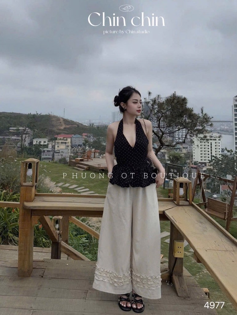 SET YẾM CỔ CHẤM BI THAN BỒNG KÈM QUẦN SUÔNG NỮ SẴN