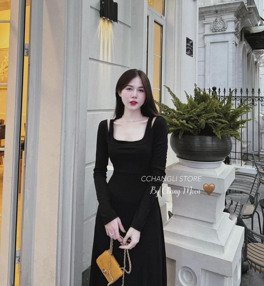 VÁY LEN MIDI CỔ VUÔNG ĐAN(xả 128k)
