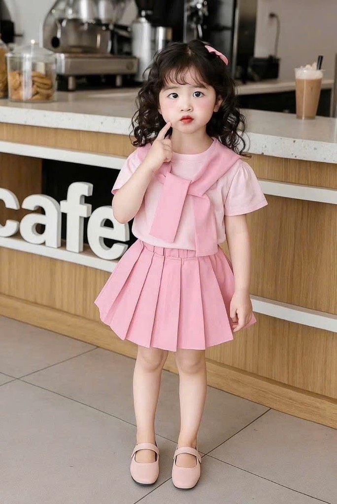 SET ÁO VÁY HỒNG THẮT KHĂN BÉ GÁI