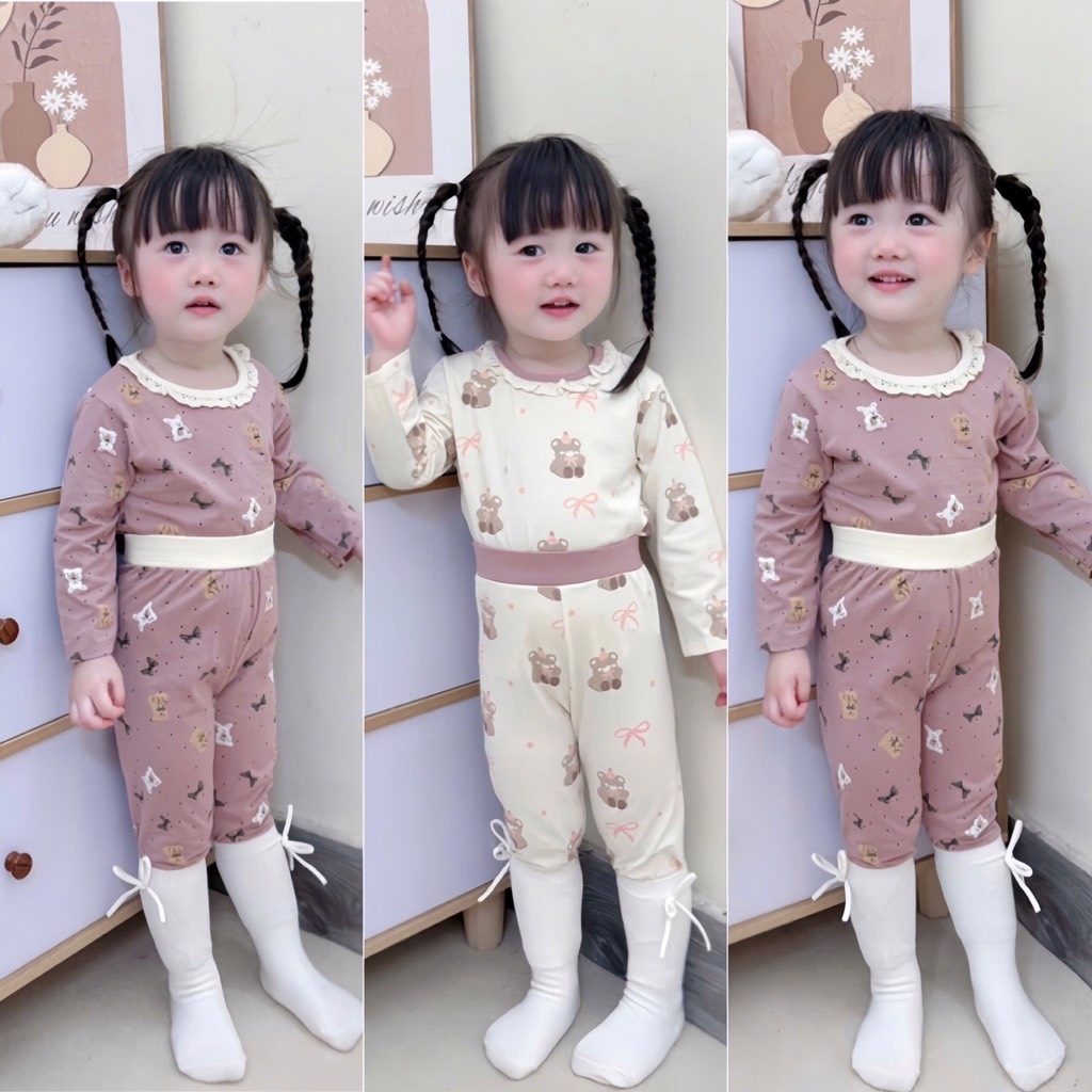 SET 2 BỘ DÀI COTTON GẤU NƠ MÀU HỒNG TÍM - BE BÉ GÁI