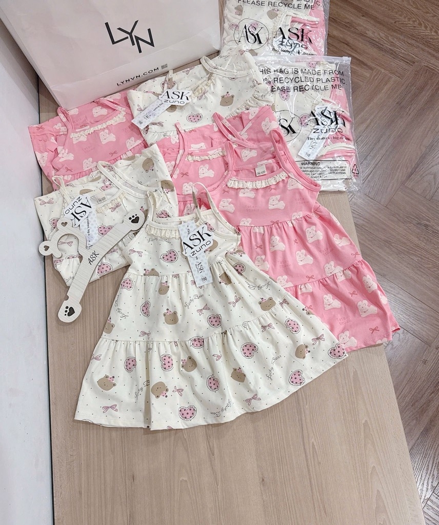 SET VÁY 2 DÂY VIỀN REN TONE BE HỒNG BÉ GÁI