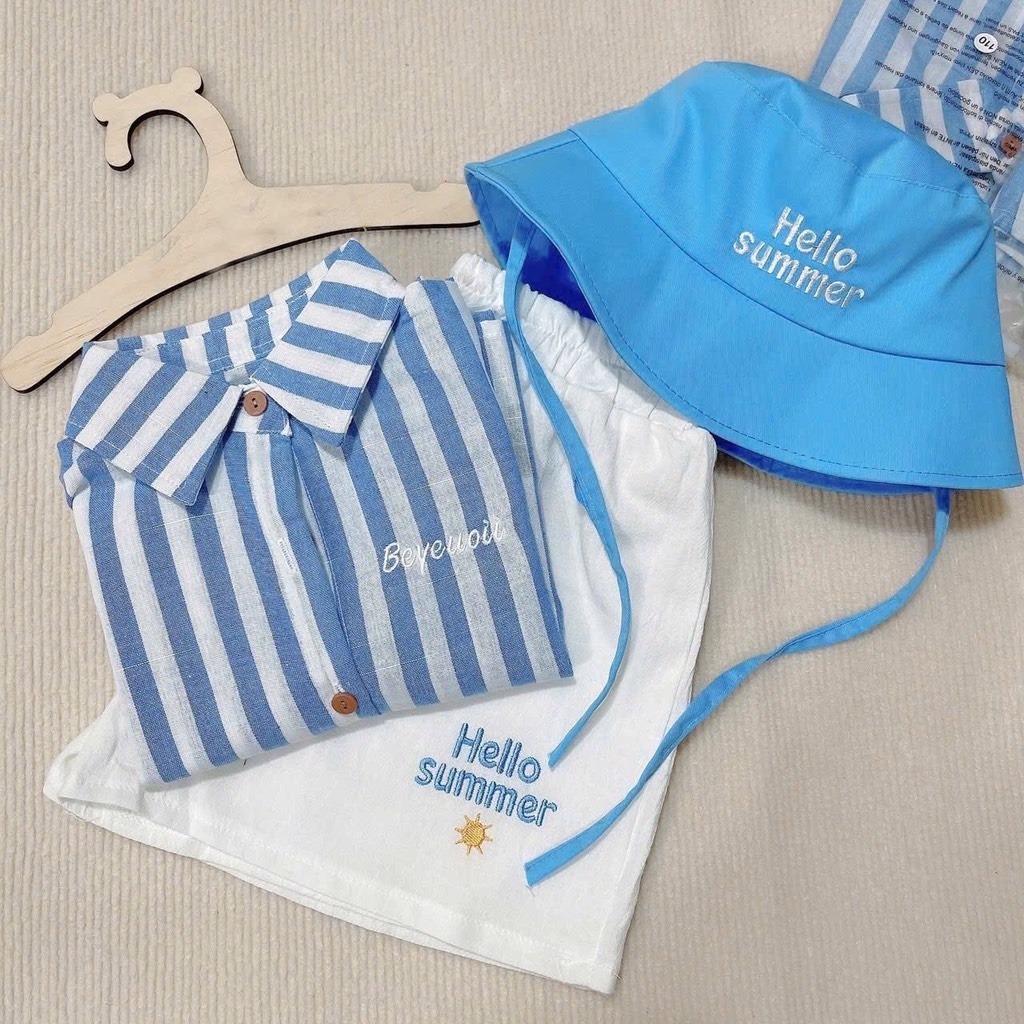 SET ÁO SƠ MI KẺ XANH QUẦN ĐÙI HELLO SUMMER BÉ TRAI