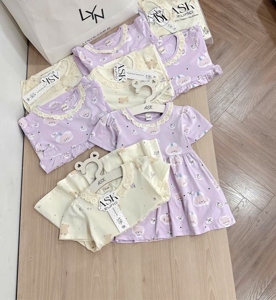 SET 2 VÁY COTTON GẤU TONE BE TÍM BÉ GÁI (TĂNG GIÁ)(XẢ 95k)