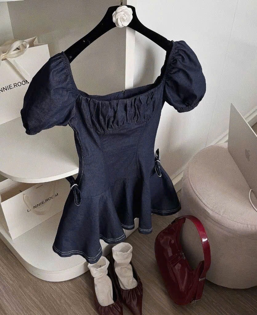 VÁY JEAN DENIM DÁNG XOÈ ĐÍNH 2 NƠ