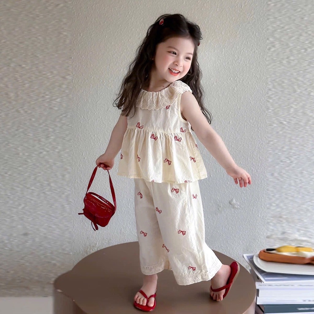 SET BỘ HOMEWEAR BÈO ĐÍNH NƠ BÉ GÁI SẴN