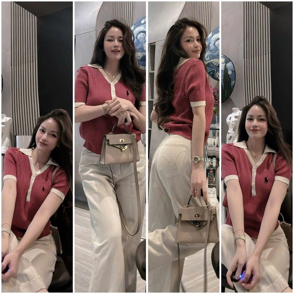 ÁO LEN ĐỎ VIỀN BE NỮ THÊU NGỰA NỮ THU ĐÔNG SẴN