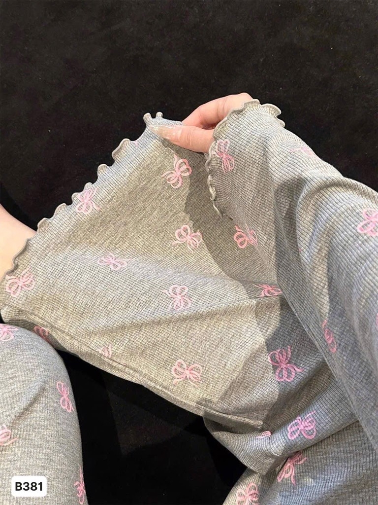 SET BỘ PIJAMA XÁM VIỀN BÈO NƠ NỮ