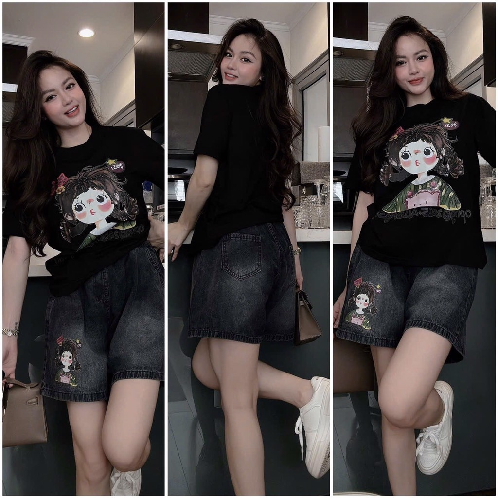 SET BỘ ÁO PHÔNG ĐEN CÔ GÁI KÈM QUẦN ĐÙI BÒ NỮ
