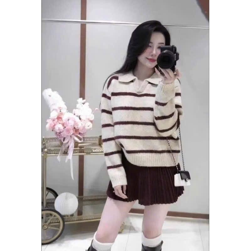 ÁO LEN KẺ CÓ CỔ 2 MÀU NỮ THU ĐÔNG
