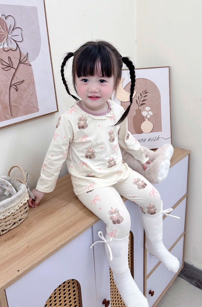 SET 2 BỘ DÀI COTTON GẤU NƠ MÀU HỒNG TÍM - BE BÉ GÁI