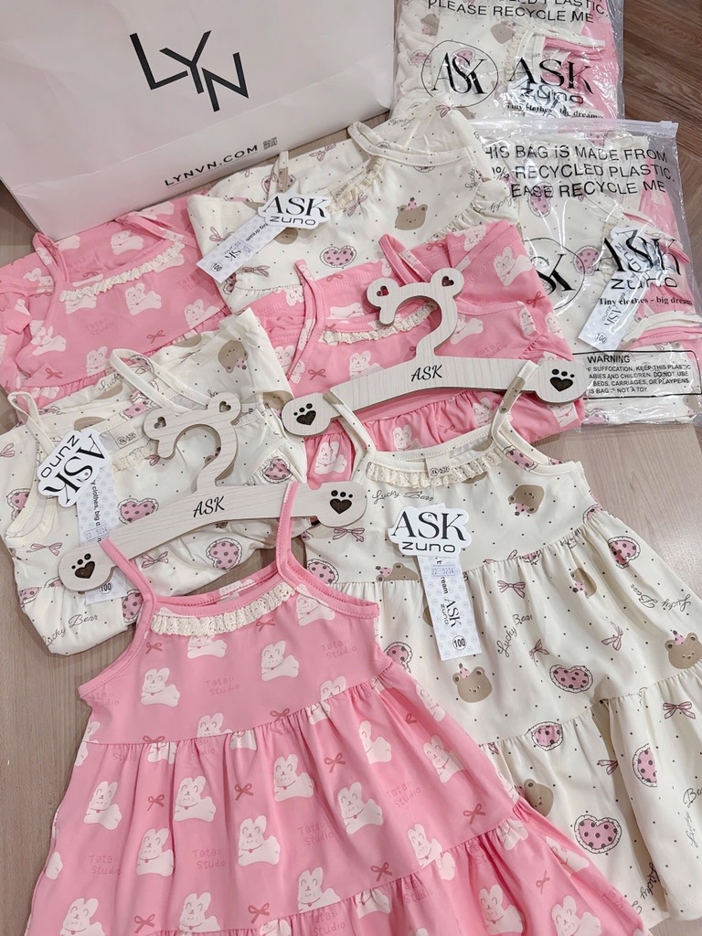 SET VÁY 2 DÂY VIỀN REN TONE BE HỒNG BÉ GÁI