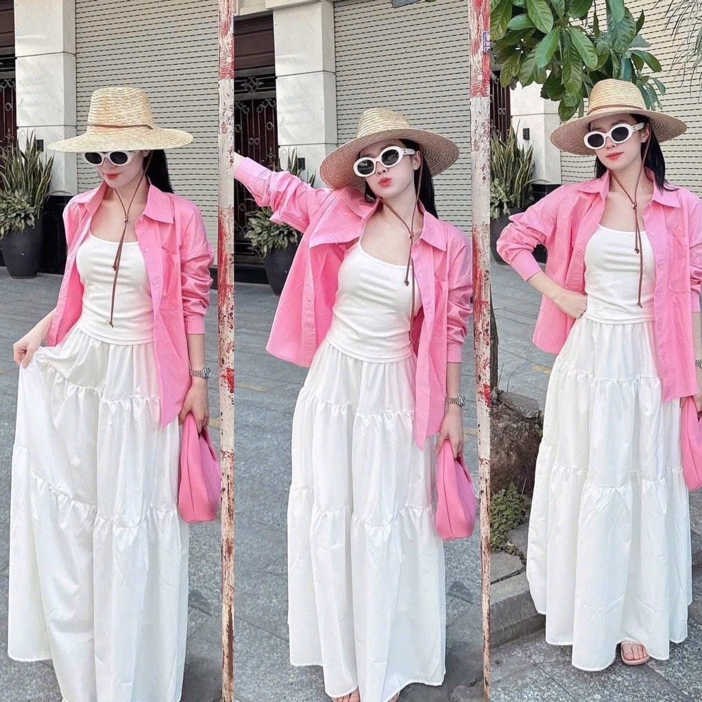 SET 3 MÓN ÁO SƠ MI HỒNG MIX ÁO 2 DÂY + CHÂN VÁY XOÈ NỮ SẴN