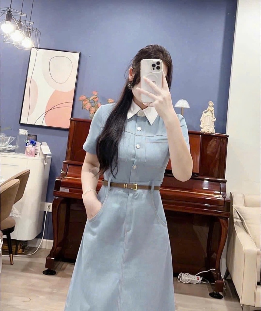 VÁY JEAN PHỐI CỔ KÈM ĐAI NỮ SẴN (SALE 150k)