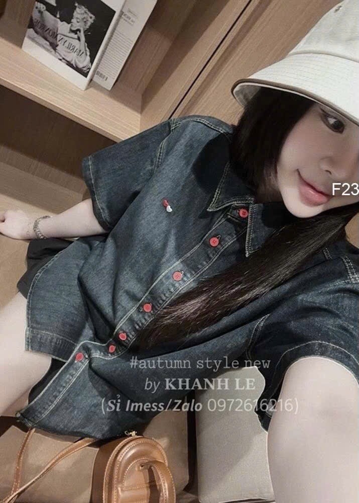 ÁO SƠ MI JEAN CỘC TAY THÊU TIM TRẮNG ĐỎ NỮ