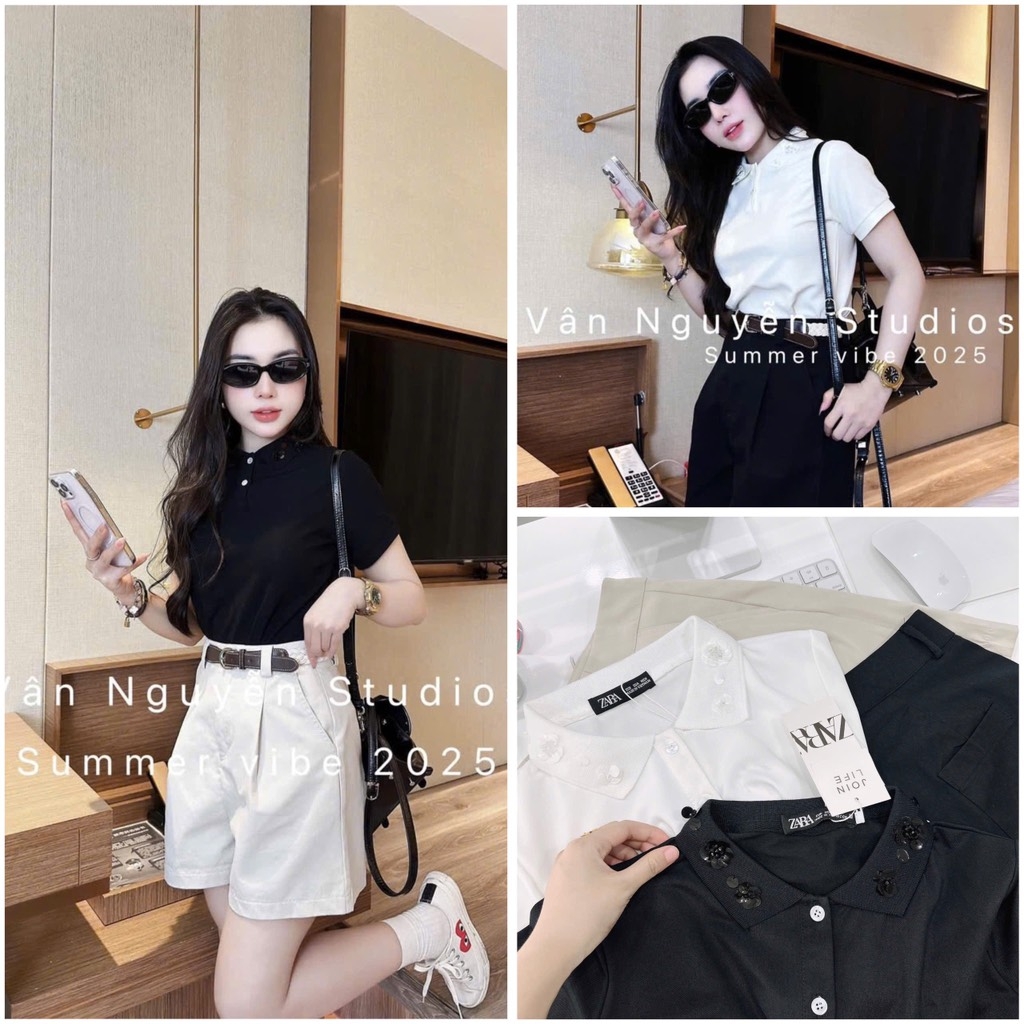 SET POLO ĐÍNH HOA MIX SHORT LI TRƯỚC NỮ SẴN