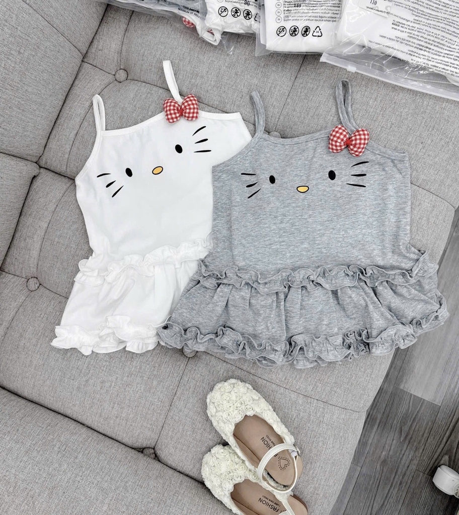 SÉT 2 VÁY 2S KITTY BÈO 2 TẦNG NƠ BÔNG TONE TRẮNG GHI CHO BÉ GÁI NEW