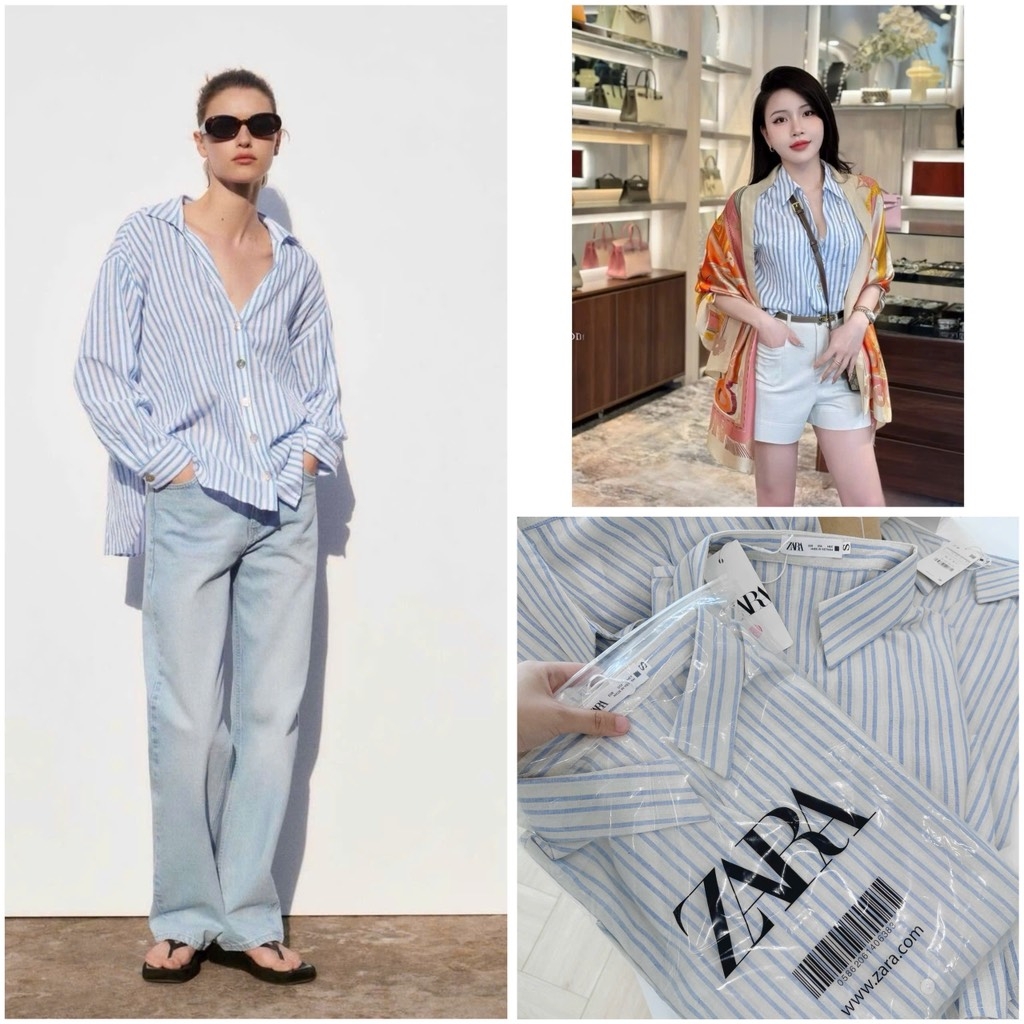 ÁO KẺ ZARA CỔ V VẠT BẦU NỮ