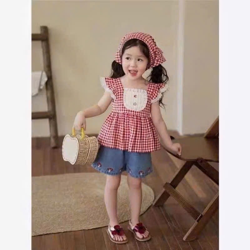 SET BỘ KÈM KHĂN KẺ ĐỎ BÉ GÁI SẴN( xả 45k)