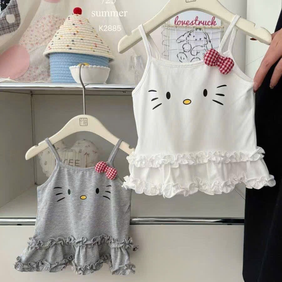 SÉT 2 VÁY 2S KITTY BÈO 2 TẦNG NƠ BÔNG TONE TRẮNG GHI CHO BÉ GÁI NEW