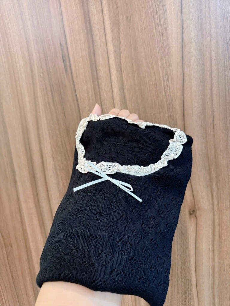 ÁO LEN NỮ PHỐI REN CỔ ĐÍNH NƠ