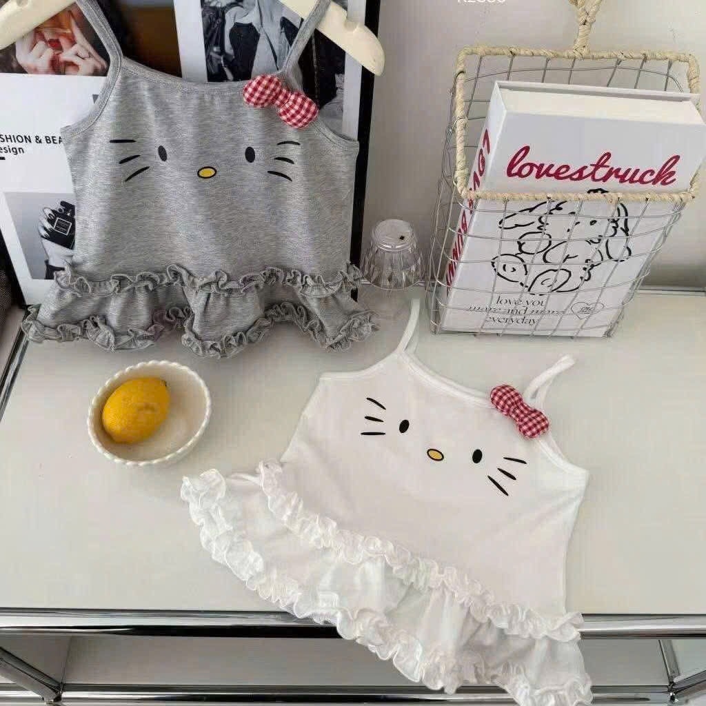 SÉT 2 VÁY 2S KITTY BÈO 2 TẦNG NƠ BÔNG TONE TRẮNG GHI CHO BÉ GÁI NEW
