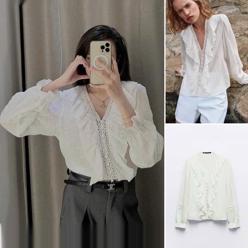 ÁO BÈO PHỐI REN CÚC BỌC LI TAY NỮ SẴN(SALE 79k)