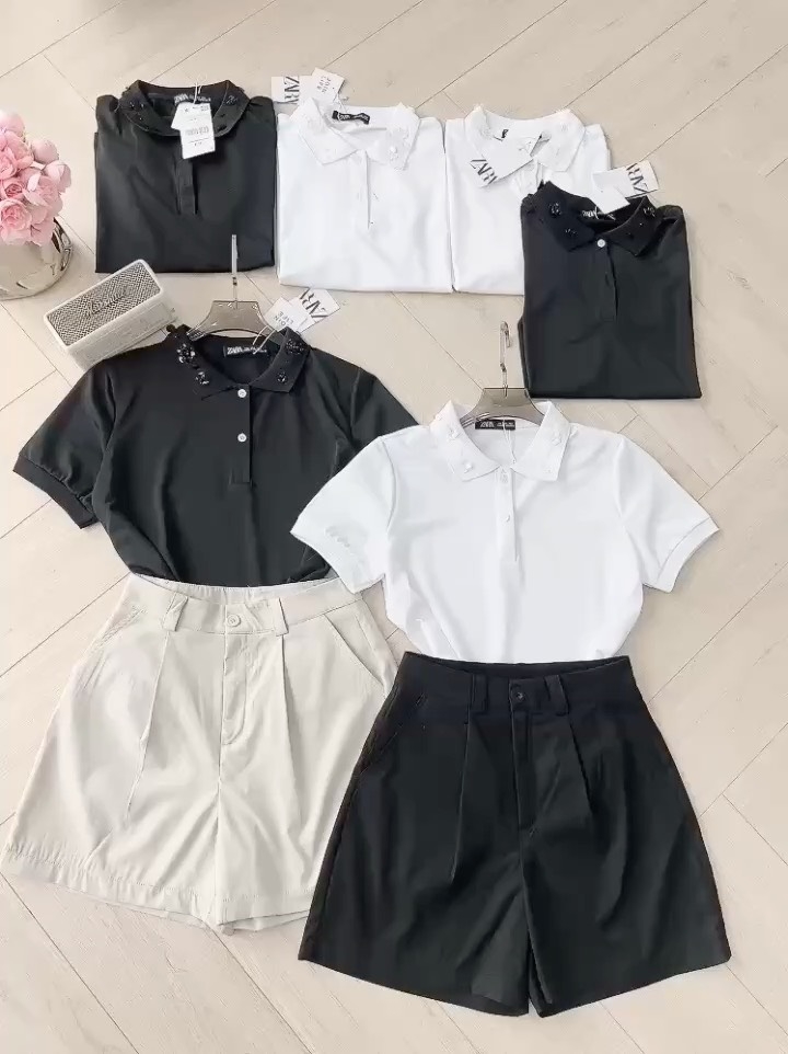 SET POLO ĐÍNH HOA MIX SHORT LI TRƯỚC NỮ SẴN