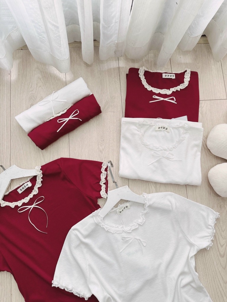 ÁO NỮ LEN LẠNH PHỐI REN BÈO ĐÍNH NƠ(xả 39k)
