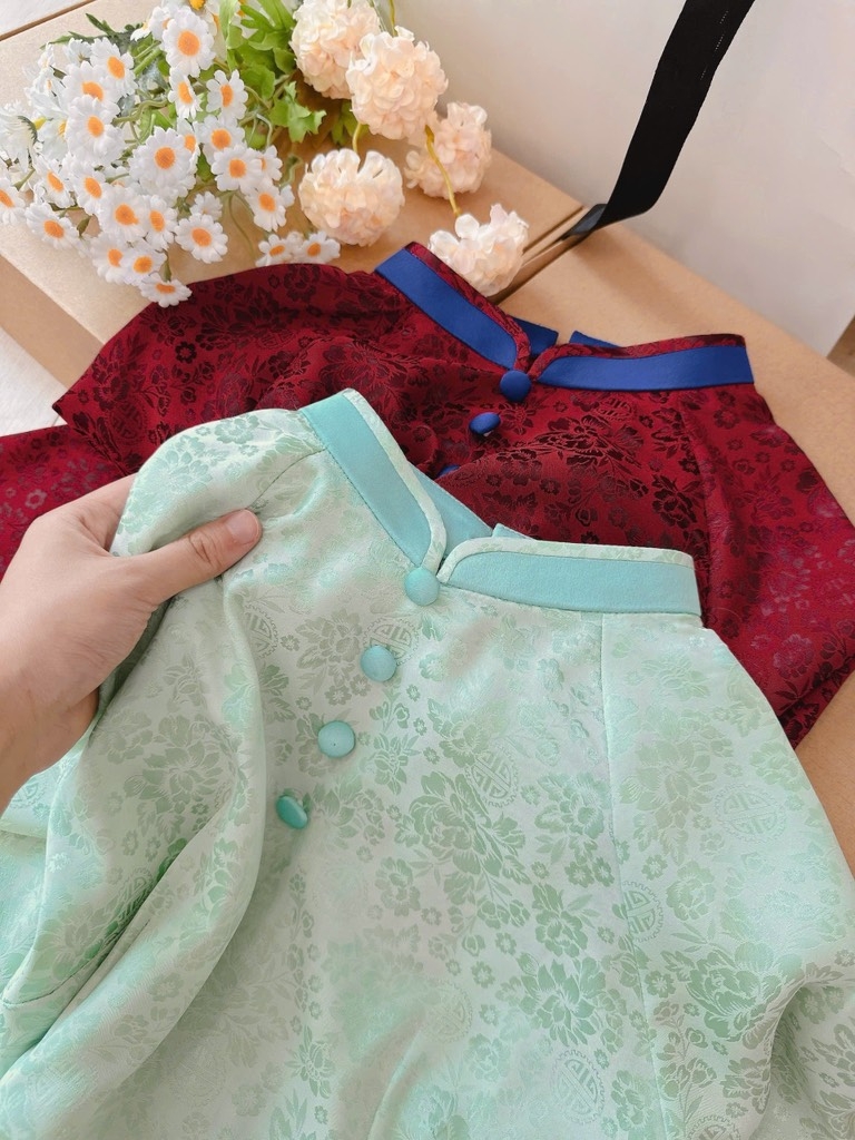SET ÁO DÀI GẤM TẮM PHỐI CỔ MIX QUẦN VÁY LỤA CAO CẤP NỮ SẴN