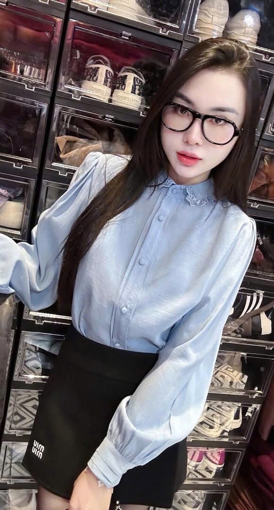 ÁO SƠ MI GU XANH DƯƠNG CỔ REN NỮ