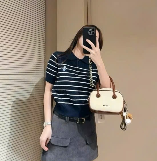 ÁO POLO LEN VẶN THỪNG THÊU GẤU CỘC TAY NỮ THU ĐÔNG