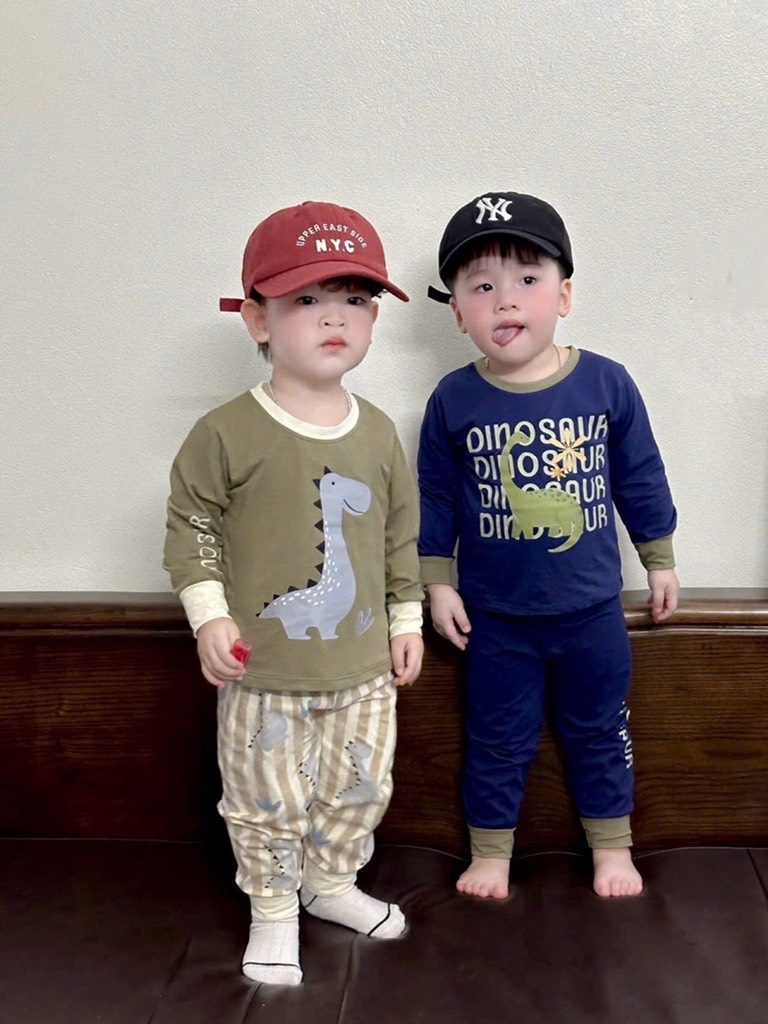 SET 3 BỘ DÀI TAY KHỦNG LONG TONE BE RÊU XANH THAN BÉ TRAI