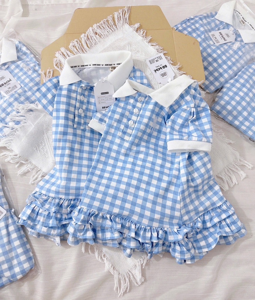 VÁY KẺ VÀ ÁO KẺ XANH BÉ TRAI BÉ GÁI (SALE 59k)