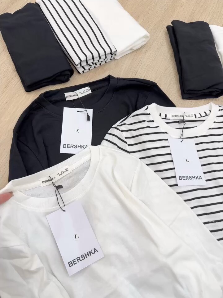 SET 3 ÁO THUN ZIP BSKK ĐEN KẺ TRẮNG NỮ THU ĐÔNG