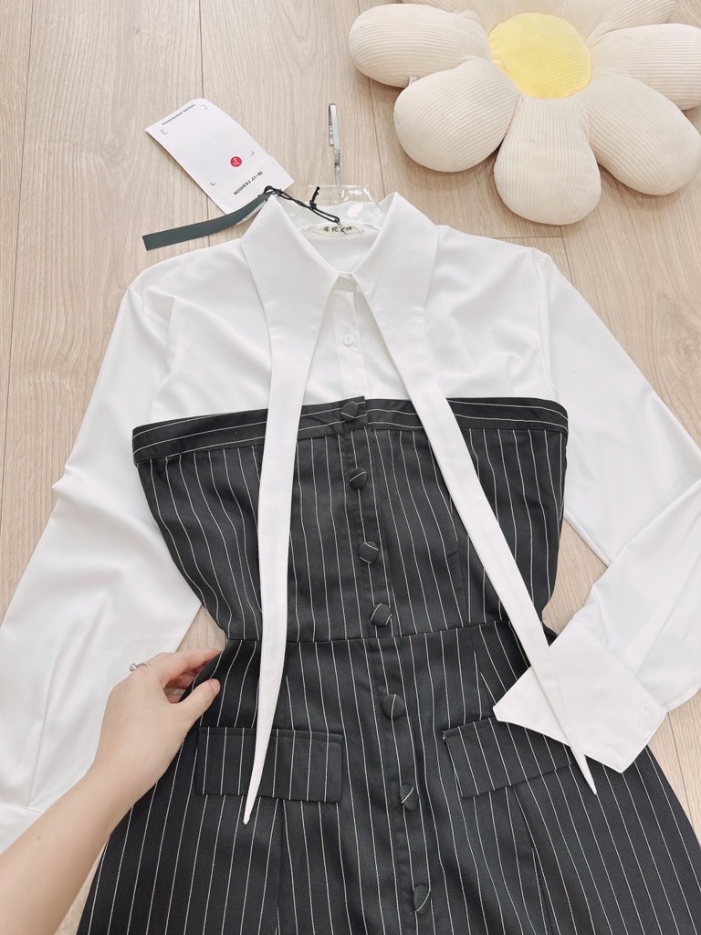 SET VÁY CÚP MIX ÁO SƠ MI CỔ CÁCH ĐIỆU NỮ SẴN