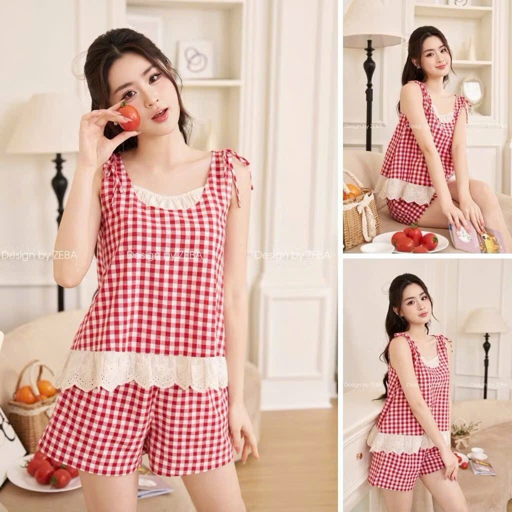 SET KẺ CARO ĐỎ NỮ PHỐI REN SẴN
