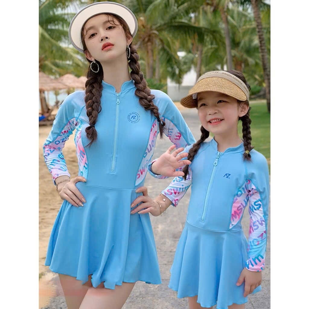 ĐỒ BƠI - BỘ BƠI LIỀN VÁY XANH DƯƠNG CHO MẸ VÀ BÉ GÁI