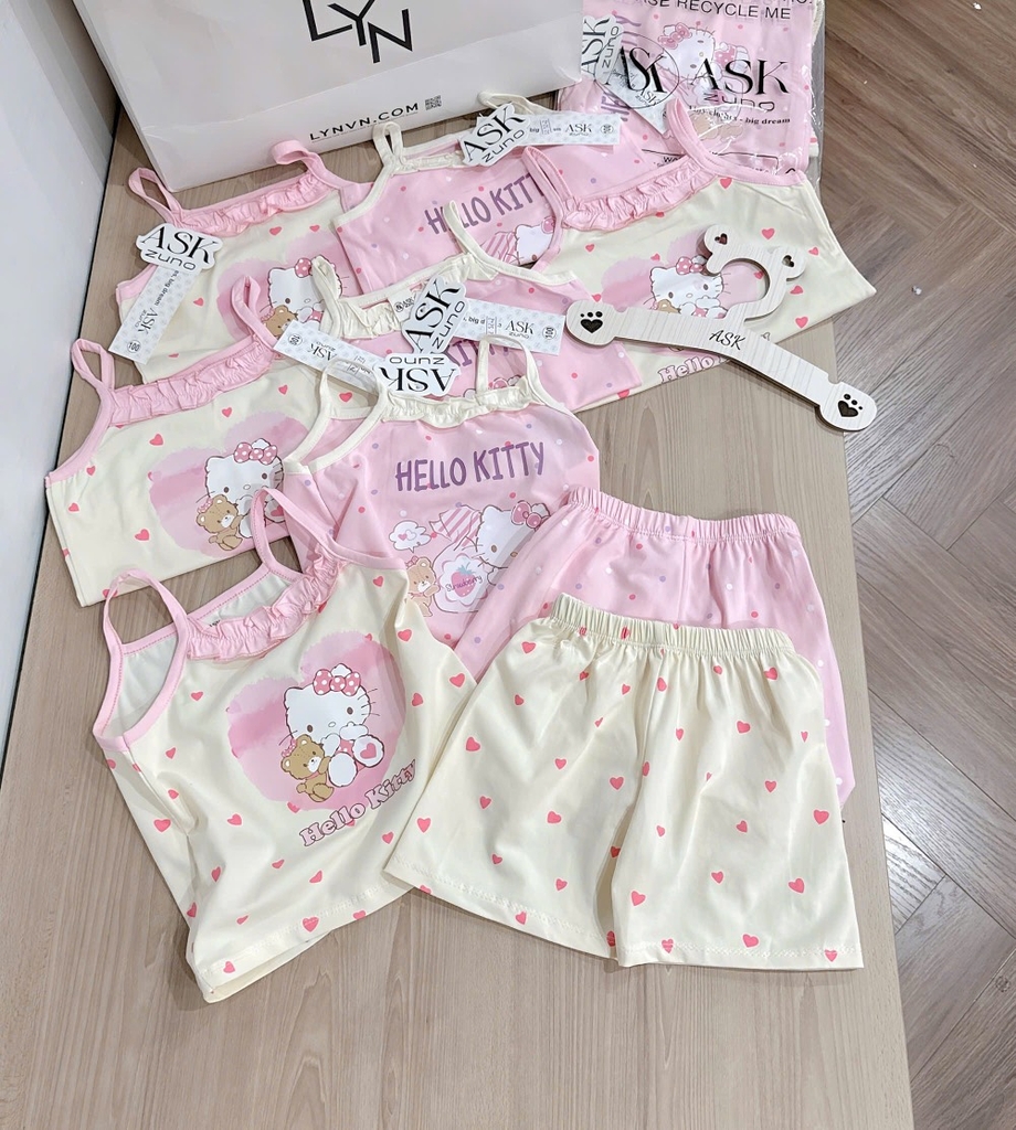 SET 2 BỘ COTTON 2 DÂY CỔ BÈO KITTY TONE BE HỒNG BÉ GÁI(XẢ 79k)