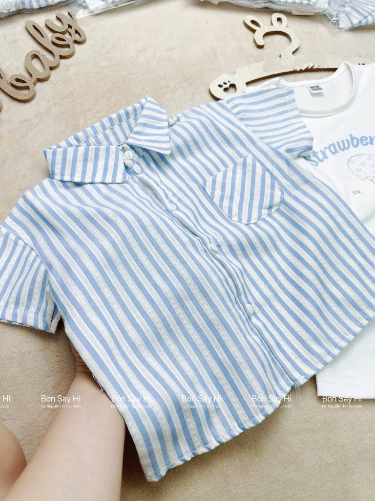 SET 4 CHI TIẾT ÁO SƠ MI SỌC XANH+ QUẦN ĐÙI+ÁO BALO+MŨ BÉ TRAI