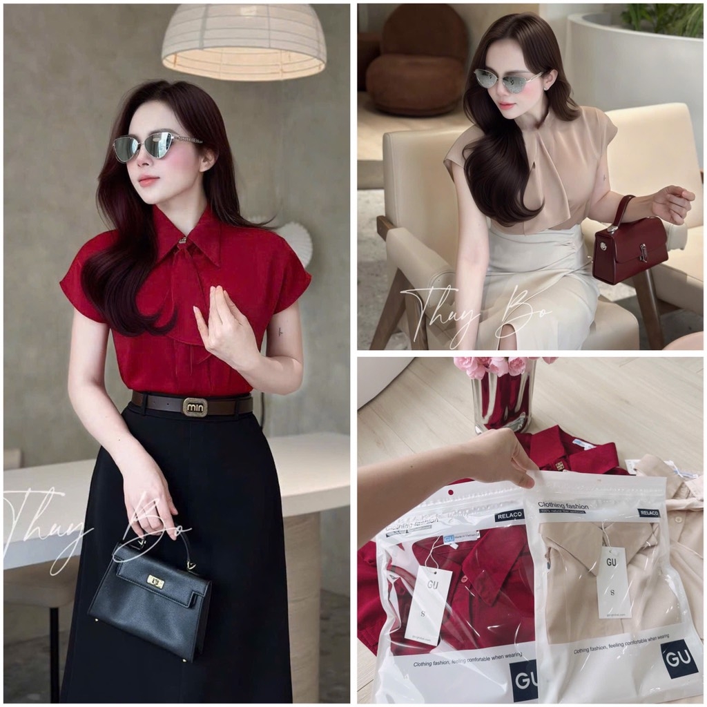 ÁO SƠ MI GU TAY LIỀN MIX NƠ CỔ NỮ(XẢ 85k)
