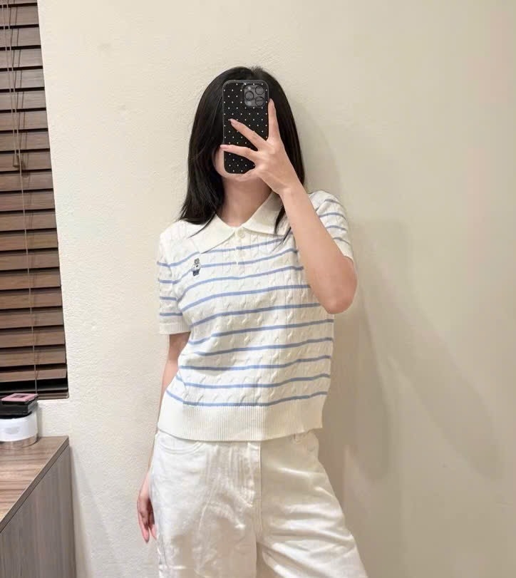 ÁO POLO LEN VẶN THỪNG THÊU GẤU CỘC TAY NỮ THU ĐÔNG