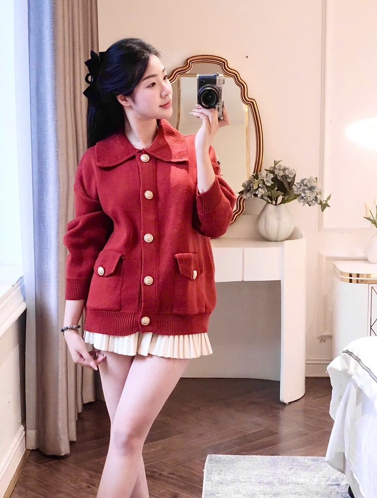 ÁO LEN CDG ĐỎ CAM CỔ BẺ NỮ THU ĐÔNG