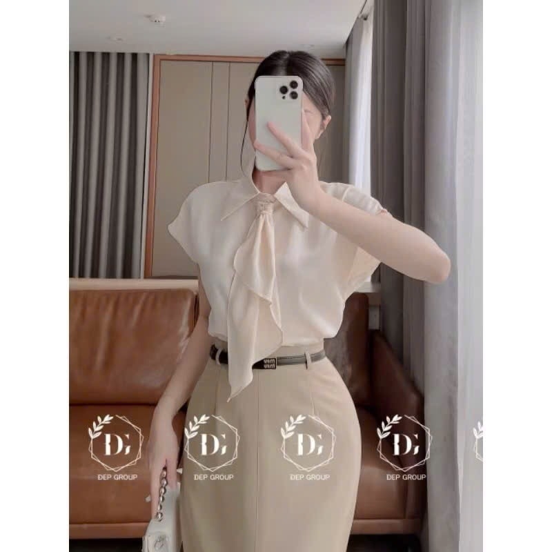 ÁO SƠ MI GU TAY LIỀN MIX NƠ CỔ NỮ(XẢ 85k)