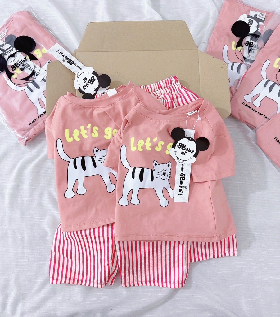 SET BỘ MÈO HỒNG QUẦN KẺ BÉ GÁI SẴN (XẢ 49k)