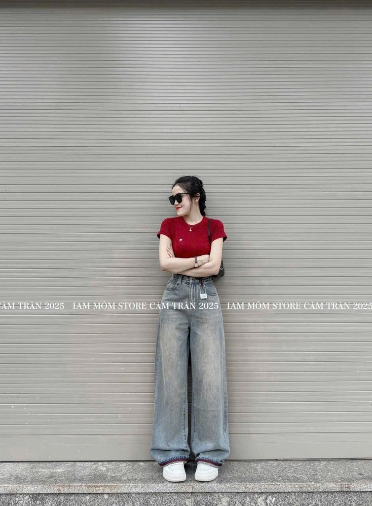 QUẦN SUÔNG JEAN NỮ PHỐI ĐỈA ĐỎ SẴN