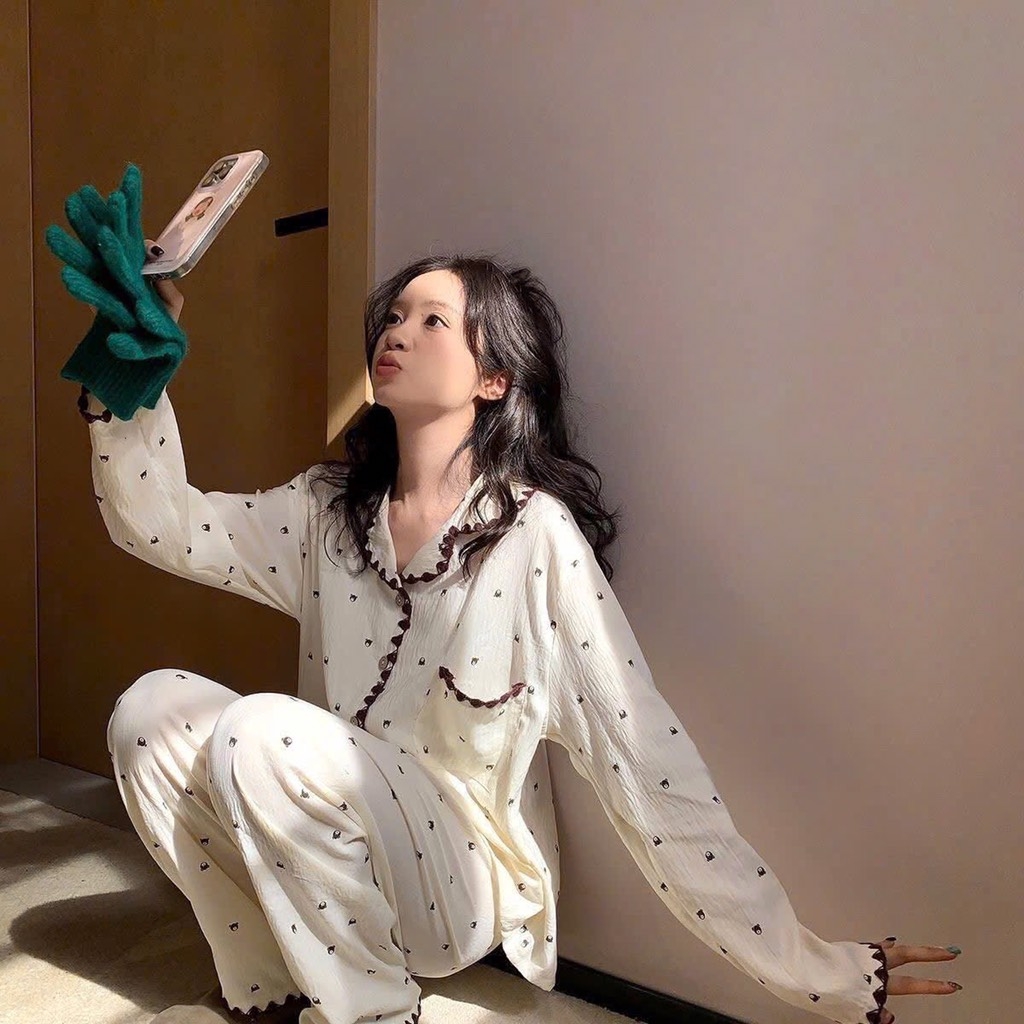 SET DÀI PIJAMA GẤU VIỀN LEN NỮ THU ĐÔNG SẴN
