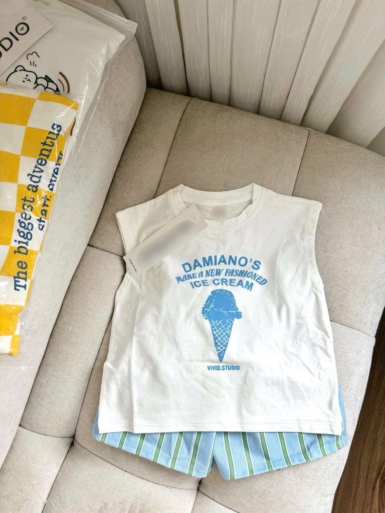 SET BỘ 3 LỖ DAMIANO'S ÁO TRẮNG QUẦN KẺ TONE XANH CHO BÉ TRAI