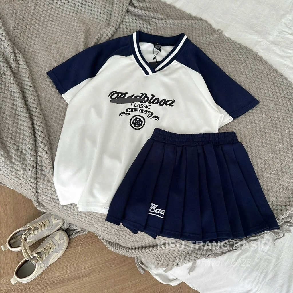 SET BAD ÁO PULL MIX CHÂN VÁY XANH THAN NỮ